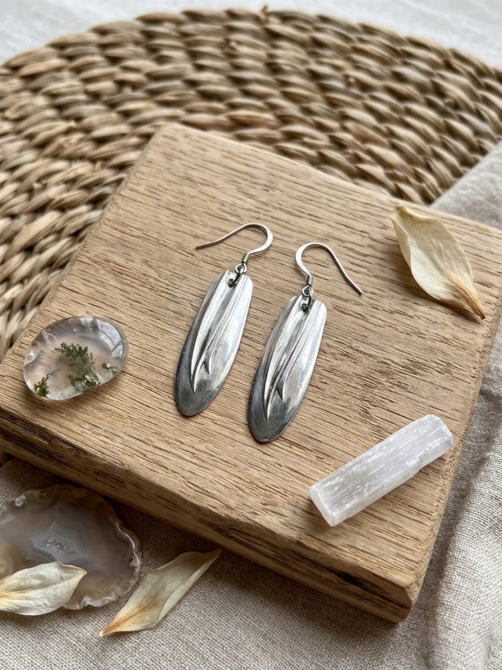 Sterling Silver Leaf Drop Earrings - Silver